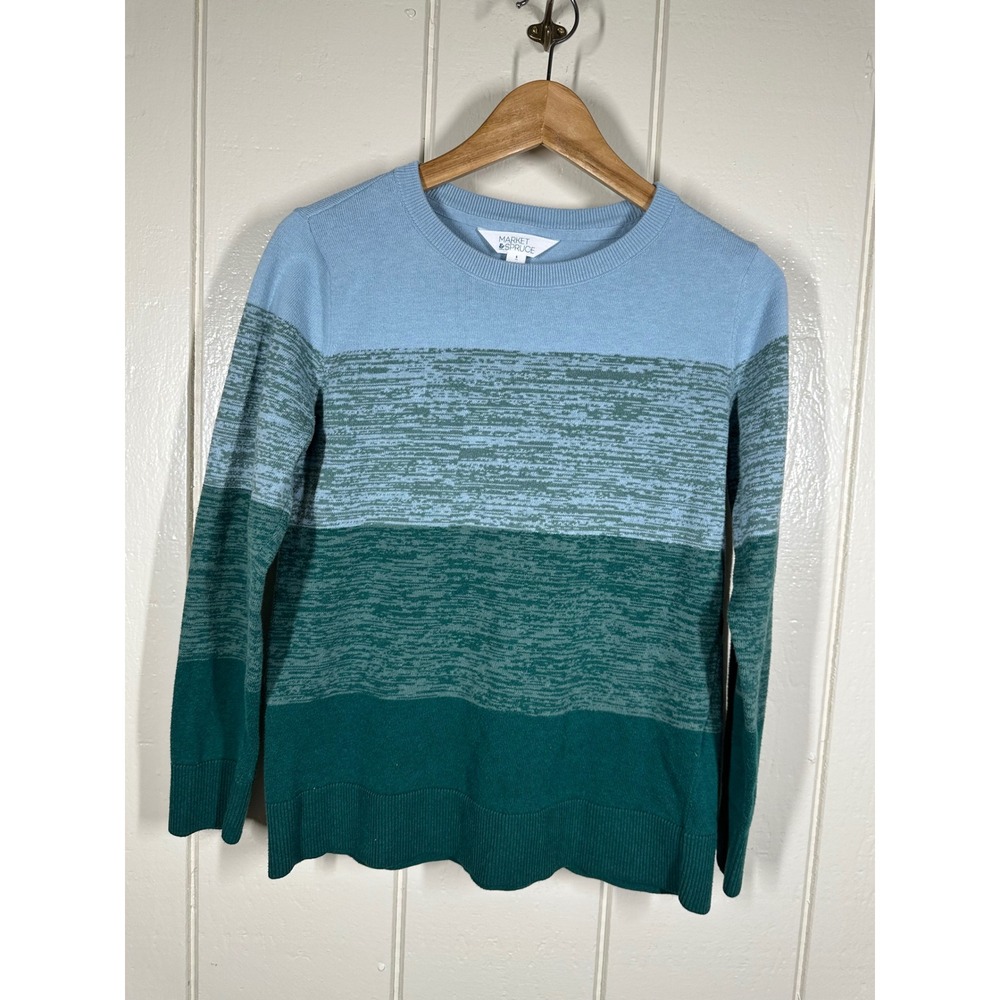 Market & Spruce Sweater Womens S Blue Green Colorblock Striped Crew Neck Knit